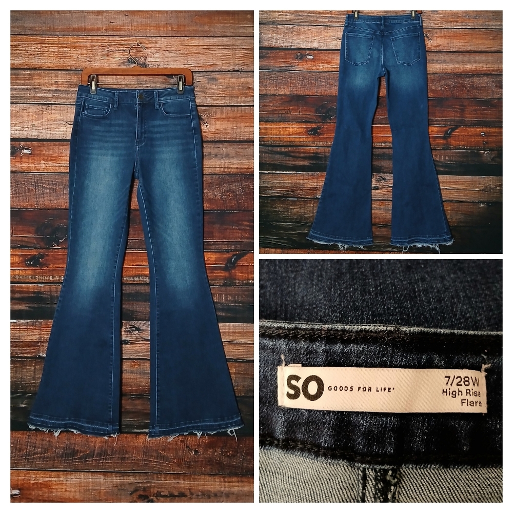 SO Jeans 7 28 High Rise Flare Raw Hem Bell Bottom Dark Wash Denim Stretch